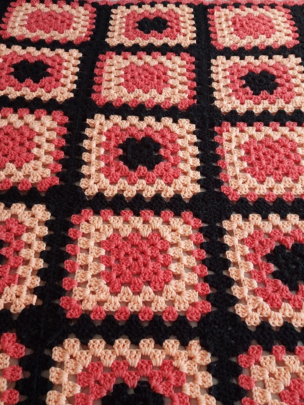 Handmade Melon, Black & Pink Crochet Granny Square Throw Blanket -Cozy 48